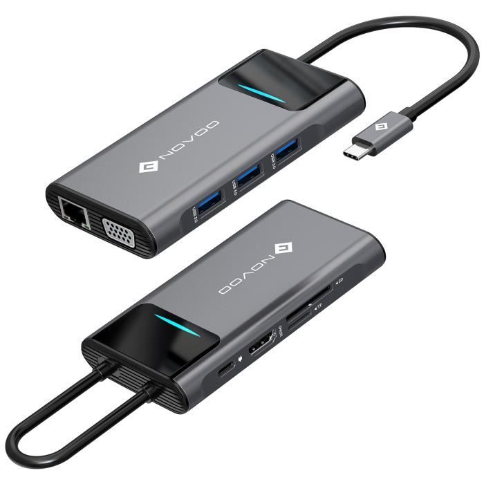 NOVOO Hub USB C Mulitport Adaptateur USB C vers Dual Affichage(HDMI 4K&VGA),3xUSB 3.0,1Gbps Ethernet,Type-C 100W PD Port d'alimentat