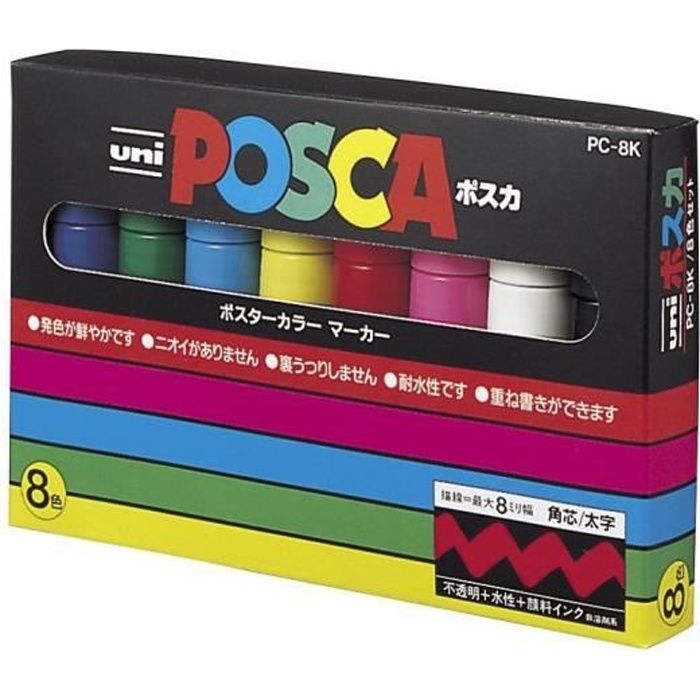 Uniball Uni Posca PC8K/8 Pochette 8 marqueurs peinture à eau Encre pigmentation assortie Pointe large