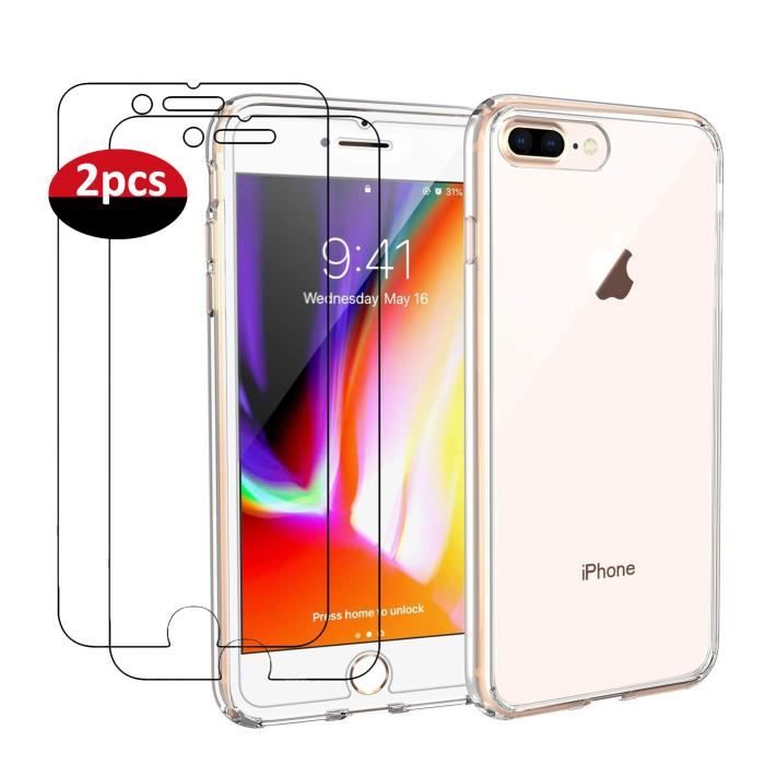Coque iPhone 8 Plus/ 7 Plus Silicone Transparent + 2x Verre Trempé,Anti-choc, Anti-chute