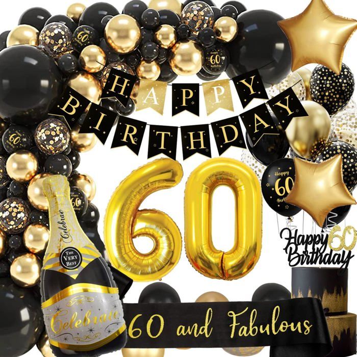Decoration Anniversaire 60 Ans Homme Femme, Ballon 60 Ans Anniversaire De Fête En Noir Or
