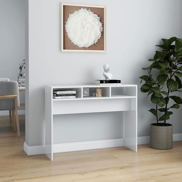 Table dappoint Console Vidaxl blanc brillant 105x30x80 cm bois dingénierie T155