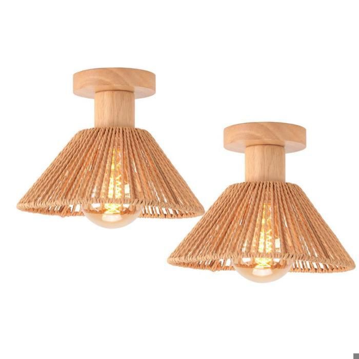 iDEGU 2pcs Plafonnier Rétro E27 Lampe de Plafond Abat-jour en Rotin et Bois Vintage Lustre Design Chapeau pour Couloir Salon