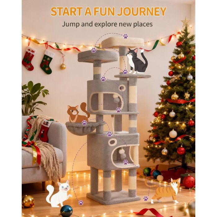 Arbre à Chat Hauteur 159 cm Tour de Jeux pour Chat avec 8 Griffoirs 3 Plateformes 2 Niches Panier Pompons Gris Clair