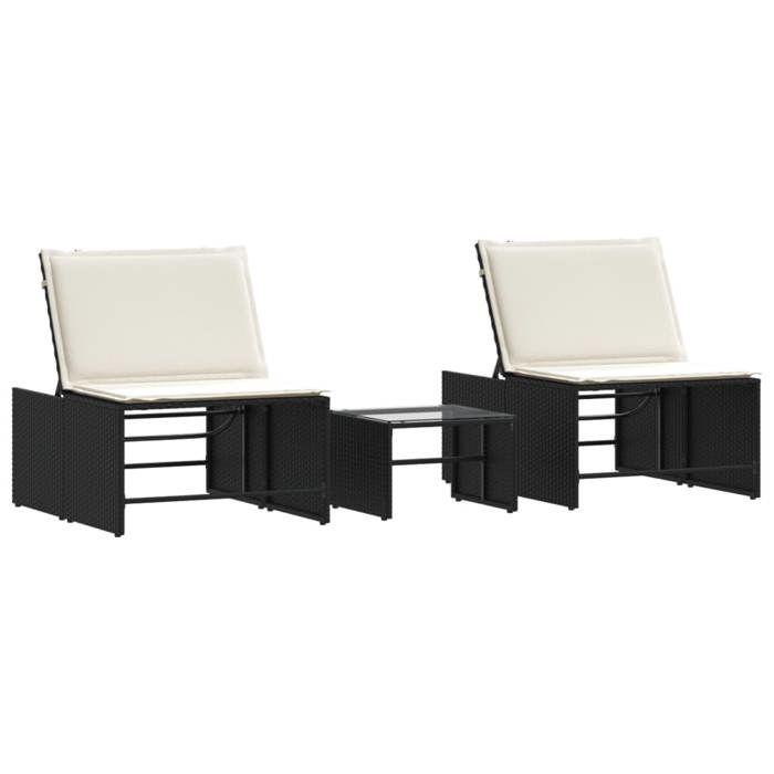 (SOLDE dété) Chaises longues Bain de soleil VIDAXL modulaires 2 pièces avec table en résine tressée noire SOL669477