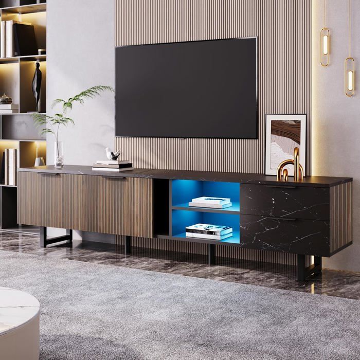 Meuble TV avec Eclairage LED Réglable - 2 portes & 2 tiroirs - 200x38x50 cm - Noir et Marron