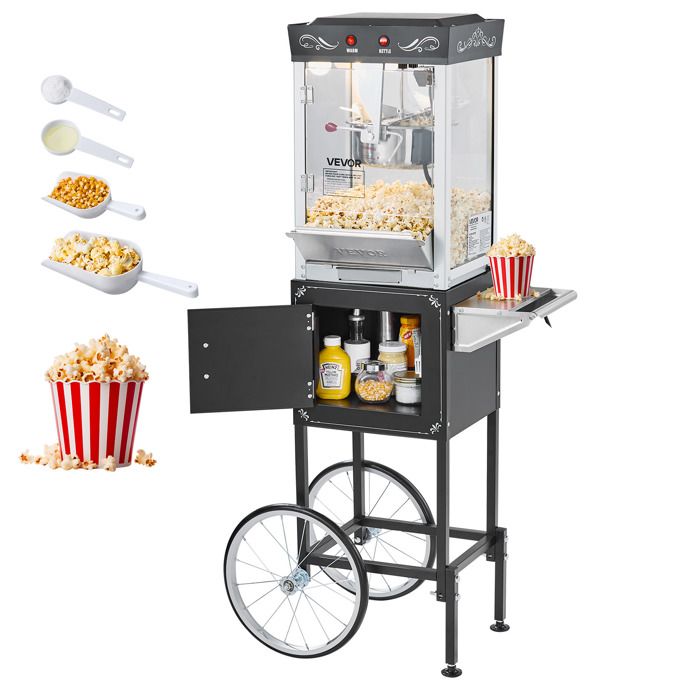 Machine à Pop Corn avec Chariot-VEVOR-800 W-Grand Bol en Inox 02 kg-48 Tasses par Lot-avec Commande à 2 Boutons-Noir