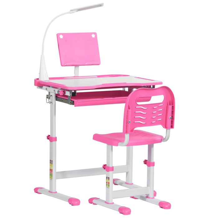 Ensemble chaise et bureau pour enfants - HOMCOM - lampe LED hauteur réglable plateau incliné support de lecture - rose