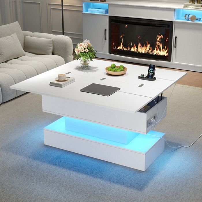 Table Basse Relevable avec Prise de Courant Prise de Charge USB-C et USB Table de Salon Multifonctionnelle avec LED100x50x51.5cm