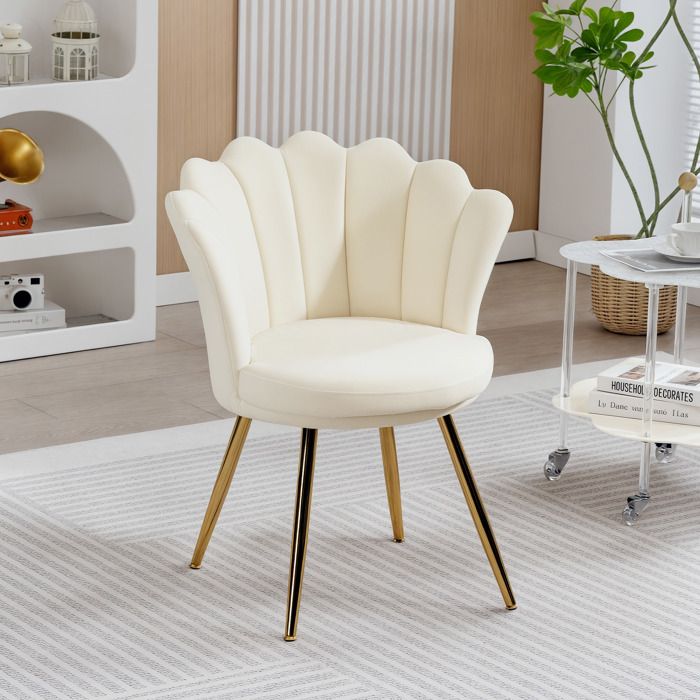 Fauteuil coquillage chaise coiffeuse fauteuil en velours fauteuil de salon avec pieds en métal doré beige