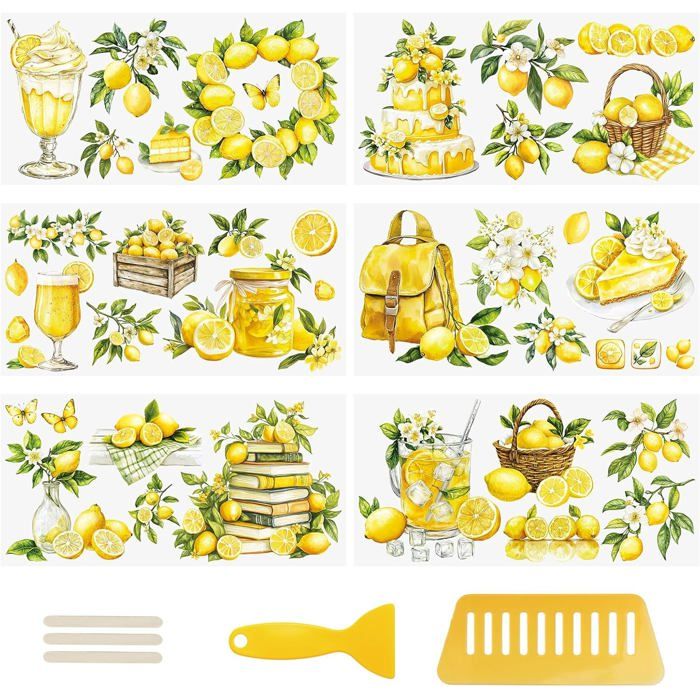 Lot de 6 feuilles de transferts à frotter Motif jaune citron Autocollants imperméables pour meubles 15x30cm
