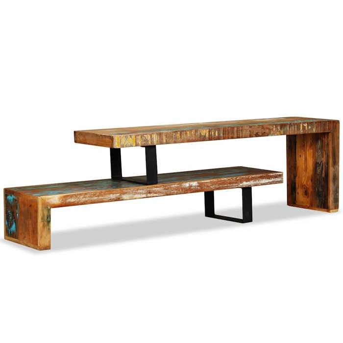 Meuble TV en bois de récupération - WIENS - 112x30x40 cm - Bois massif - Pieds en fer forgé - Artisanal - 2 niveaux