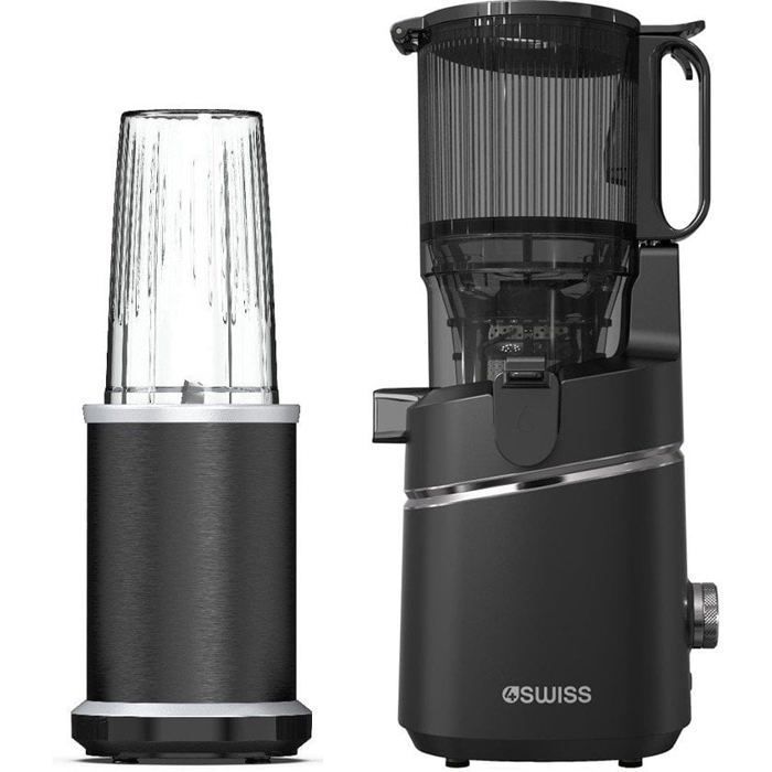 Extracteur de Jus Vertical 4Swiss WB025 - Goulot XXL 13cm - 37 tr/min - 250W - Silencieux - Nettoyage Facile - Sans BPA - Graphite - 4Swiss