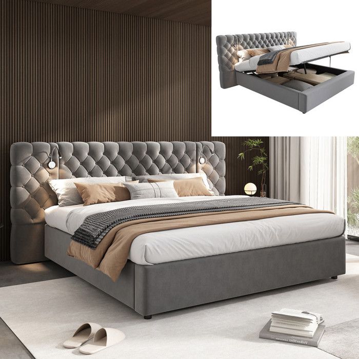 Lit coffre 180x200 cm - Velours gris - Éclairage LED - Rangement hydraulique - 2 Places pour Adulte