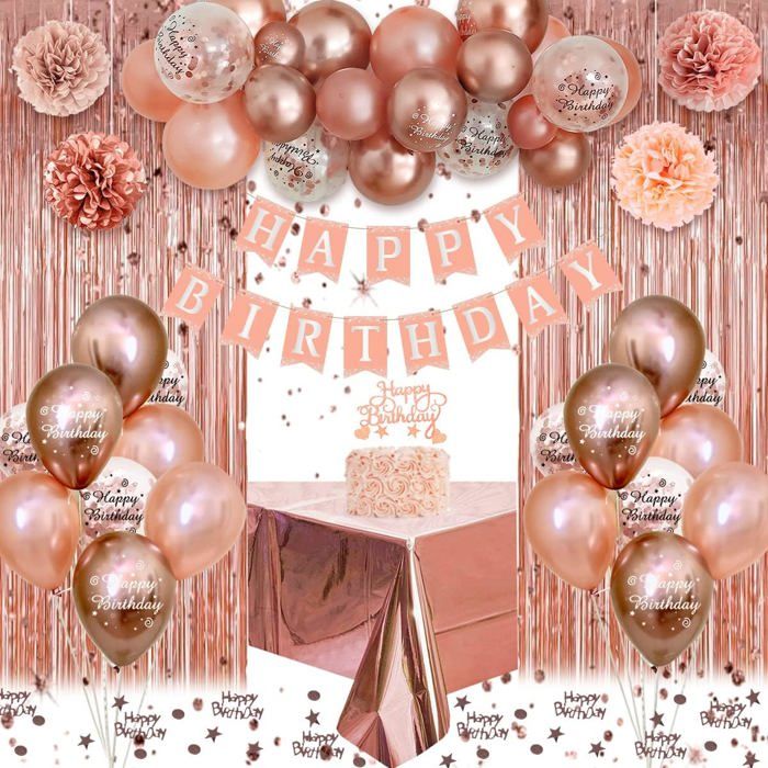 Décoration Anniversaire Fille et Femme Ballons Banderole Joyeux Anniversaire Arche Latex Rose Gold Confetti Pompons pour Enfant