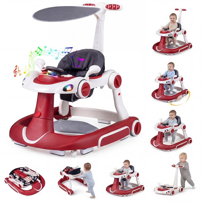 Trotteur Évolutif 3 En 1 Pour Bébé - Marchette Pliable 3 Hauteurs, Siège Amovible, Centre D'Activités Kaki