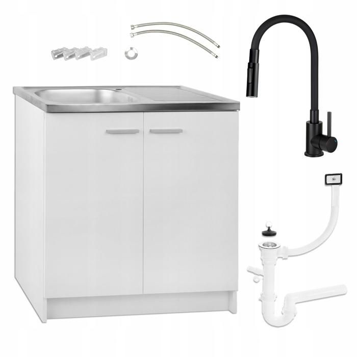 STAMAR Meuble sous Évier 80 cm Blanc + Évier Deante Inox + Robinet Extensible 2-en-1 Noir + Siphon LV - 80x49x82 cm