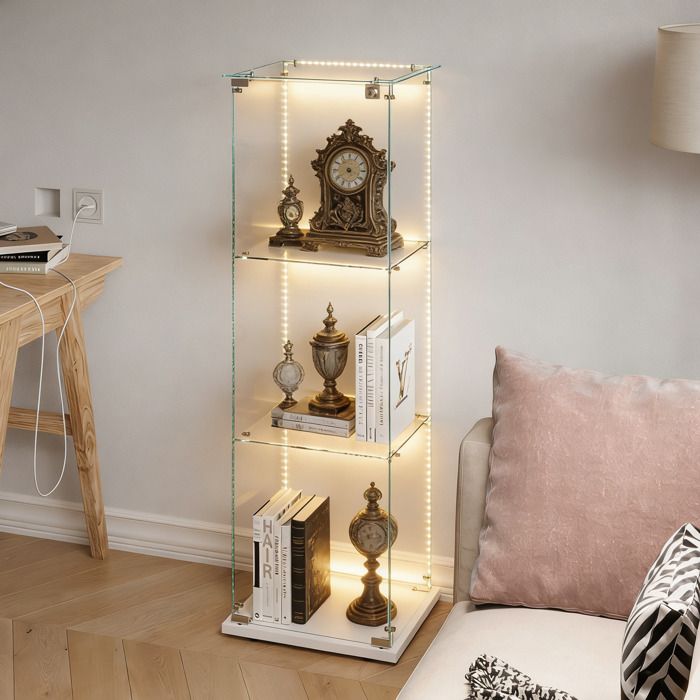 Vitrine en Verre LED - 3 étagères avec Serrure &1 Porte - Verre Trempé -Pour Salon/Chambre/Collection - 39.8x35x123.3cm - Blanc