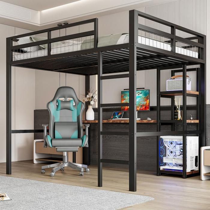 Lit mezzanine 140x200 cm avec prise électrique et port USB Type-C Lit enfant avec étagères et garde-corps Structure en fer Noir