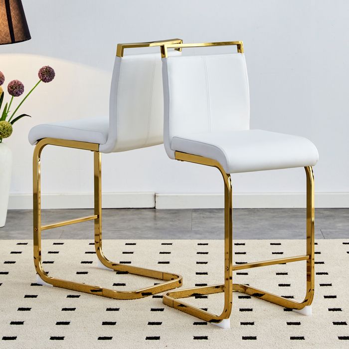 BELLEMAVE Lot de 2 Tabourets de bar - Chaise de cuisine - Cuir PU - Pieds en métal - Pour plusieurs occasions - Blanc et Doré