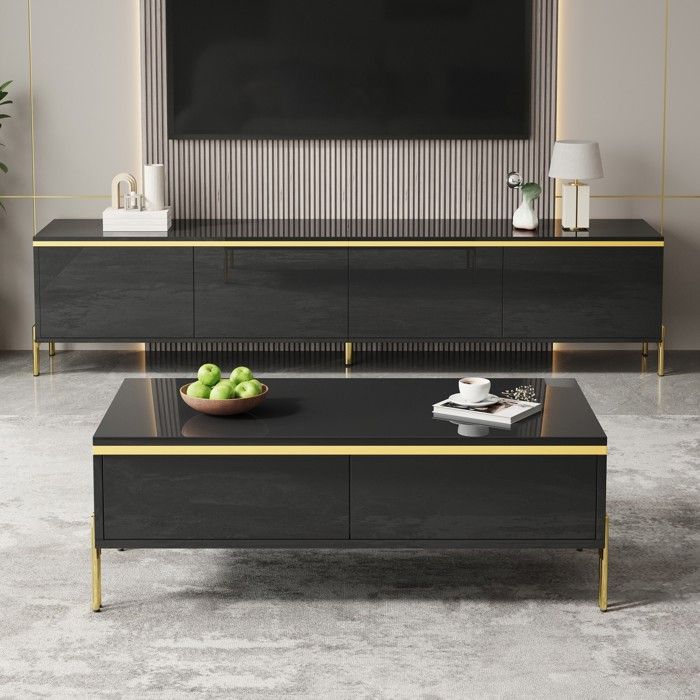 Ensemble Meuble TV et Table basse - KOMHTOM - 170x38x50 cm - Noir - Finition brillante partielle - Grand rangement Ensemble Meuble TV et Table basse - KOMHTOM - 170x38x50 cm - Noir - Finition brillante partielle - Grand rangement
