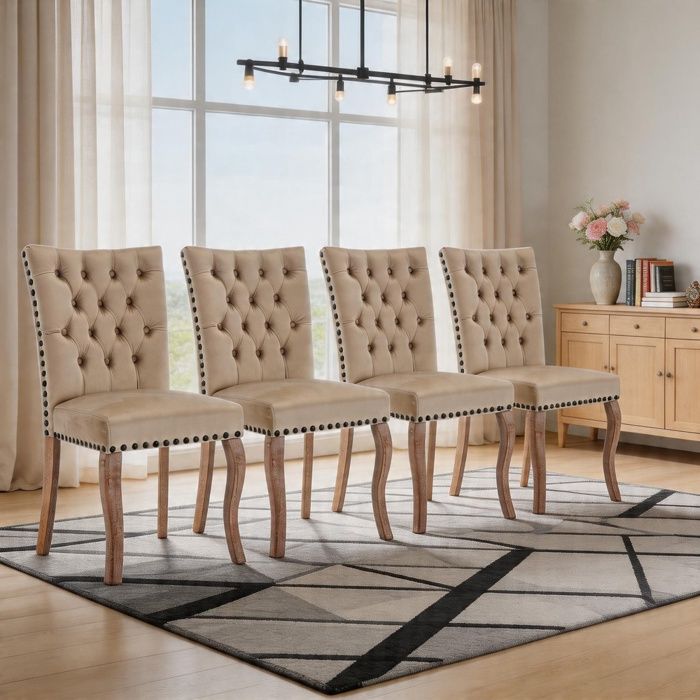 Chaises de salle à manger - WF308439AAB - Velours camel clair - Pieds bois massif - Clous cuivre