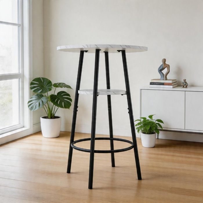 Table de bar - Marbre effet - Plateau MDF Ø60 cm - Hauteur 89 cm - Piètement métal noir