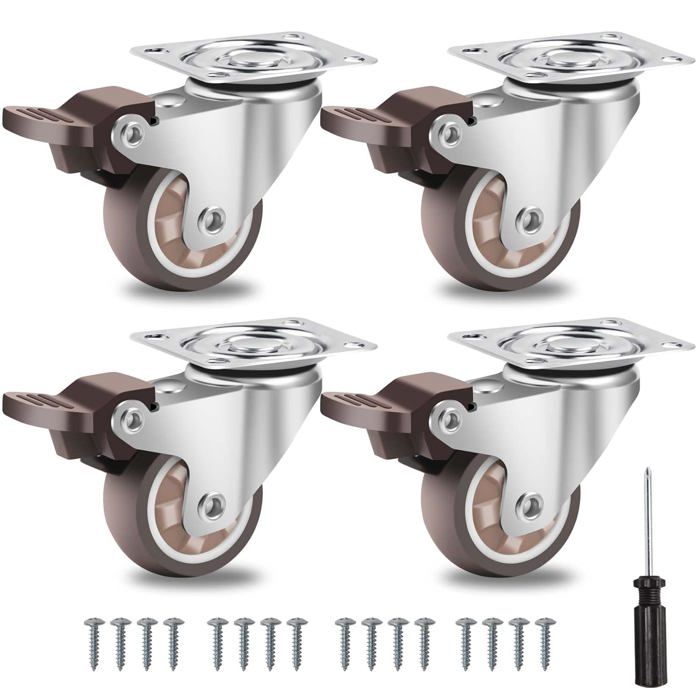 Roulettes Pivotantes avec 4 Freins - Diamètre 38mm et Charge Max 135kg en Caoutchouc - Pour Meubles Étagères et Coffres à Jouets