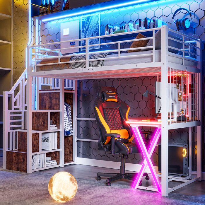 Lit superposé - 90x200 - Bureau intégré - LED intégrée - Garde-robe & étagère de rangement