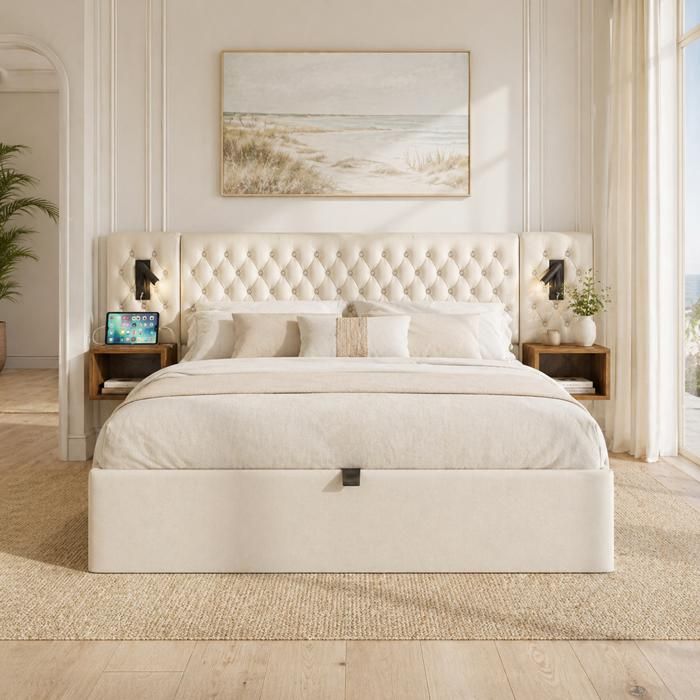Lit coffre 180x200 cm avec 2 chevets lampes de lecture USB et Type-C tête de lit velours beige