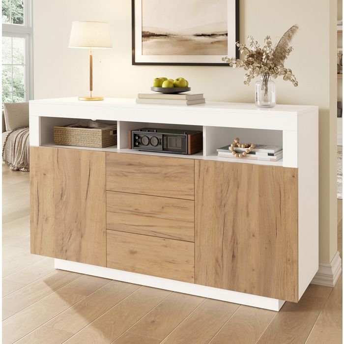 Buffet bas moderne 140 x 40 x 85 cm avec 3 tiroirs 2 portes et 3 niches ouvertes blanc et naturel