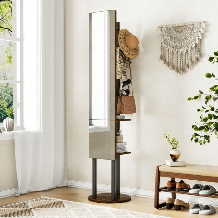 meuble dentrée porte-manteau avec miroir sur pied rotatif 360° étagères noir et marron 40x40x174 cm ORVRYN