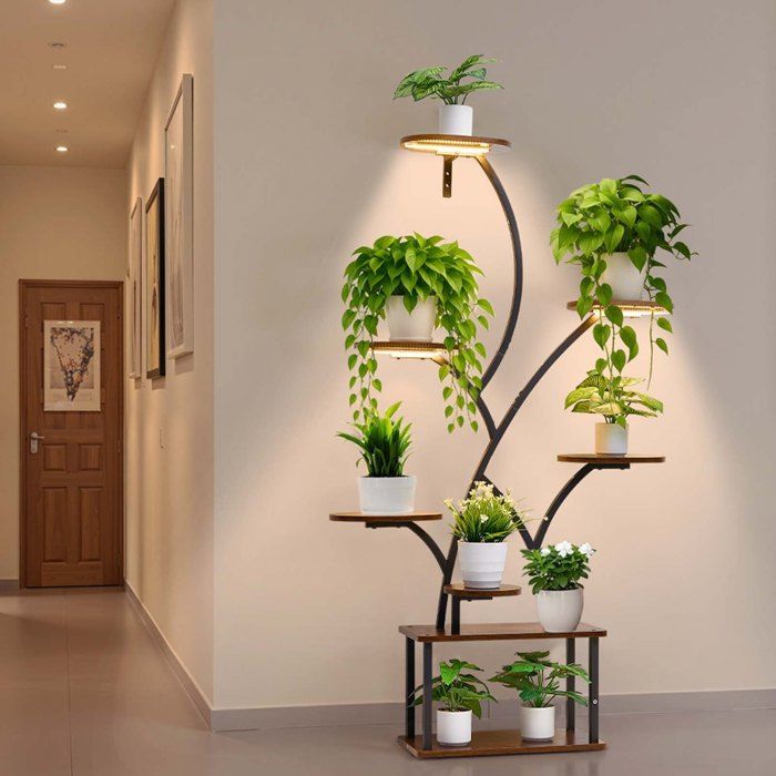Support Plantes Intérieur avec Lampe Croissance Étagère 8 Niveaux Métal Minuterie 3 Réglages Meuble Présentoir Fleurs pour Salon