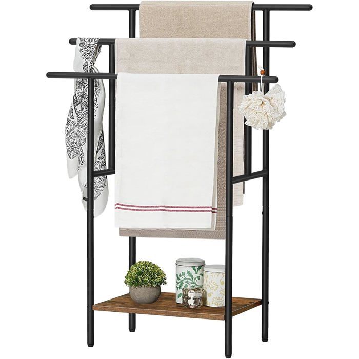 Porte-serviettes autoportant 3 niveaux 68 x 30 x 100 cm tubes métalliques noir et marron rustique pour salle de bain