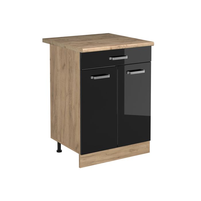 Meuble bas de cuisine R-Line 60cm avec tiroir plan de travail Chêne doré Noir Haute brillance/Chêne doré Vicco 61220