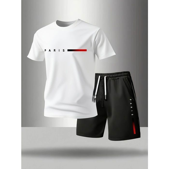 Ensemble sport homme – Col rond manches courtes + short – Idéal pour lété le sport et le quotidien Blanc