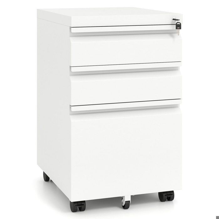 3 tiroirs caisson de bureau mobile en métal rangement dossiers A4 meuble verrouillable à roulettes