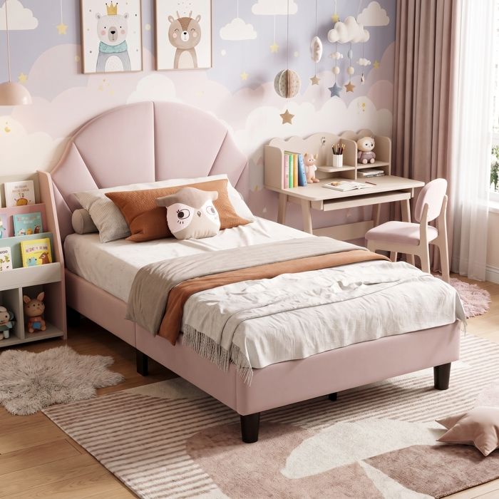 Lit Simple Rembourré 90x200 cm Lit Enfant pour Fille en Velours avec Tête de Lit Réglable Sommier à Lattes Rose