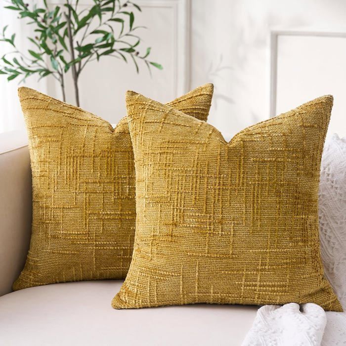 Housse de Coussin 40x40 Décoratif Moelleux Housse Coussin Jaune Moutarde Doux Chenille Moderne avec Fermeture Eclair Invisible