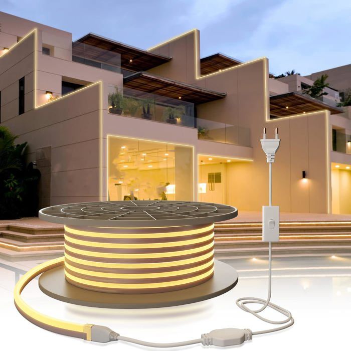 5M Ruban LED 220V Blanc Chaud Bandeau LED Lumineuse Flexible 120 LED/M PVC Découpable Etanche IP65 Néons Bande pour Intérieur