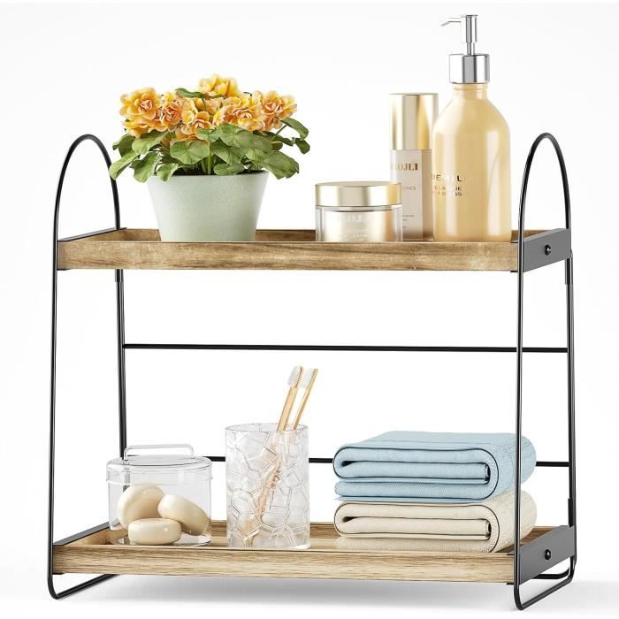 Halcent Étagère Murale 2 Niveaux Bois & Métal – Étagère Cuisine Salle De Bain Salon Avec Crochets Amovibles – Rangement Épices Décor Rustique