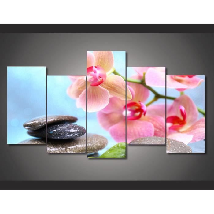 Toile Peinture 5 Panneaux Imprimes Rose Orchidee Zen Paysage Mural Poster Pour Salon Sans Cadre Sans Etirement Cdiscount Maison