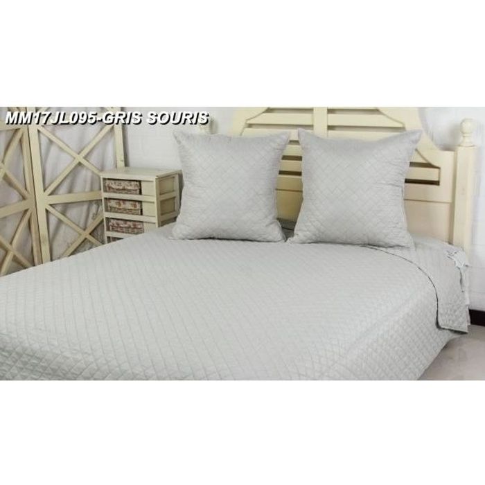 Fanny & Céline Couvre-Lit Matelassé Épais 240x260 Cm + 2 Taies 65x65 Cm – Gris Élégant Broderie Discrète M23-6012