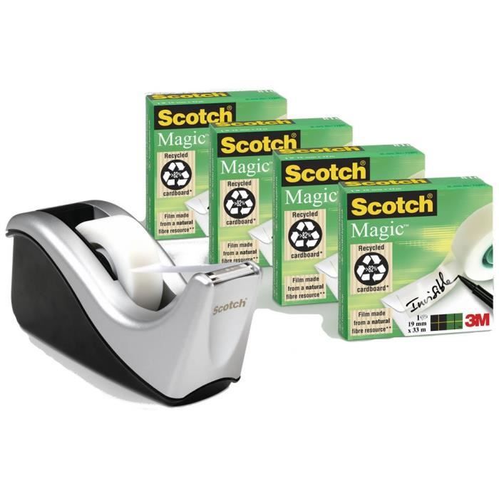 Scotch Dévidoir en argent C60 avec 4 rouleaux de Scotch Magic Tape 19 mm x 33 m