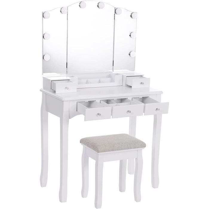 Coiffeuse Avec Miroir Et éclairage LED RGB - 9 Tiroirs, Plateau En Verre - Prise Et USB Intégrées - Blanche - Dimensions 105x140x40 Cm