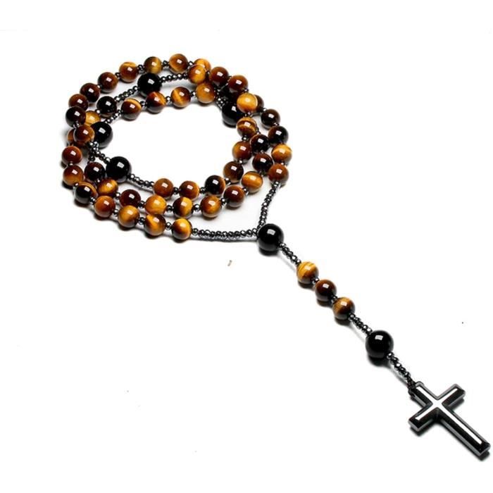 Collier Chapelet Croix Catholique – Œil De Tigre Et Pierres Noires – Pour Homme Et Femme – Cadeau Communion, Baptême, Messe