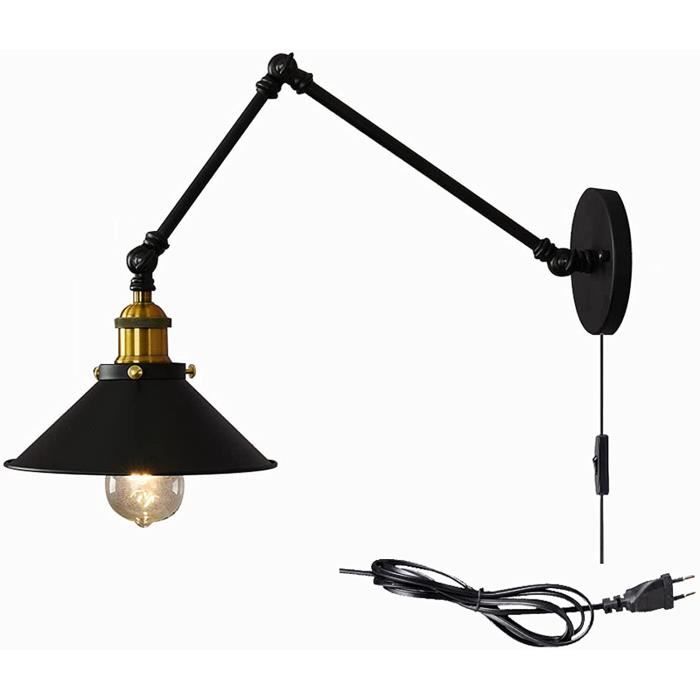 Bras Long Applique Murale Interieur avec Interrupteur Industrielle Lampe Murale Vintage Retro Bras Articule Pivotant Créative Design Luminaire de Lecture Lumiere Chevet Eclairage Métal Noir 65cm