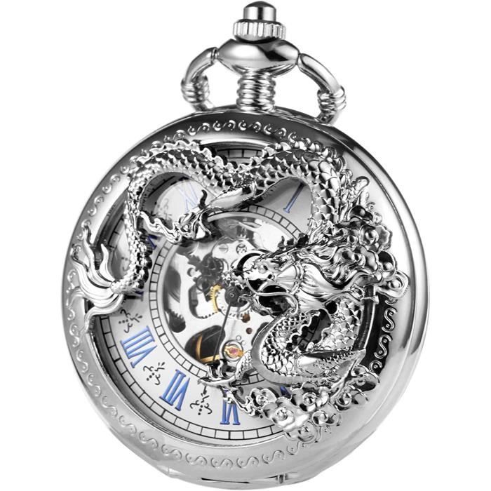 Montre De Poche Mécanique Homme TREEWETO - Cadran Dragon Chiffres Romains Chaîne