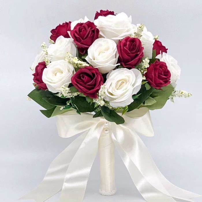 vin rouge blanc - Bouquet de Roses Artificiel Tenu par un Ruban de Soie de Mariage, Naturel, Rose, Blanc, Cha