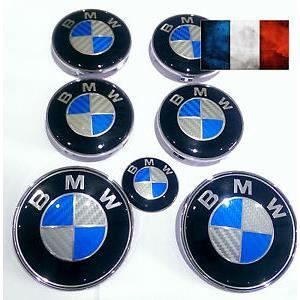 KIT CARBONE BLEU BADGE INSIQGNE LOGO EMBLEME CAPOT / VOLANT/ COFFRE/ ROUES BMW NEUF