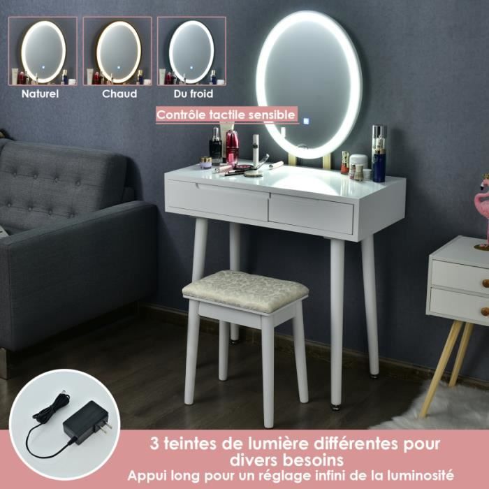 Coiffeuse - GAROSA - Table de maquillage LED - MDF Chêne - 110x55x145